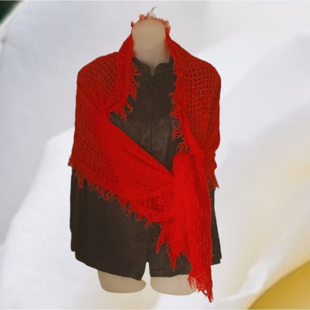 Bright Red Women's Scarf With Fringed Edges